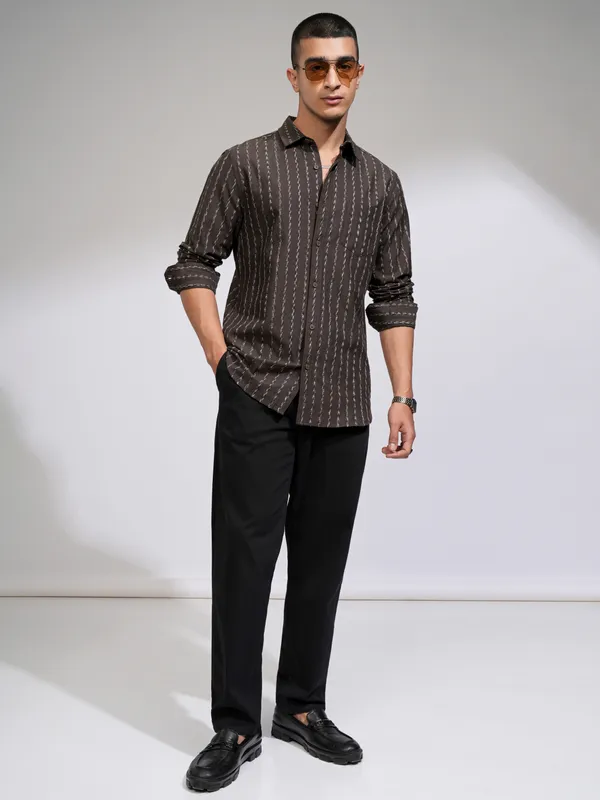 Highlander Men Brown Striped Slim Fit Casual Shirt