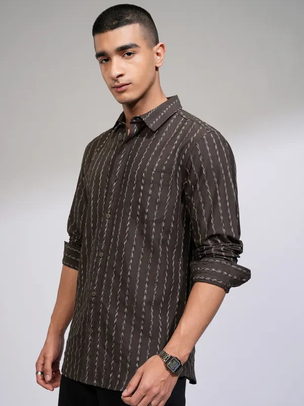 Highlander Men Brown Striped Slim Fit Casual Shirt