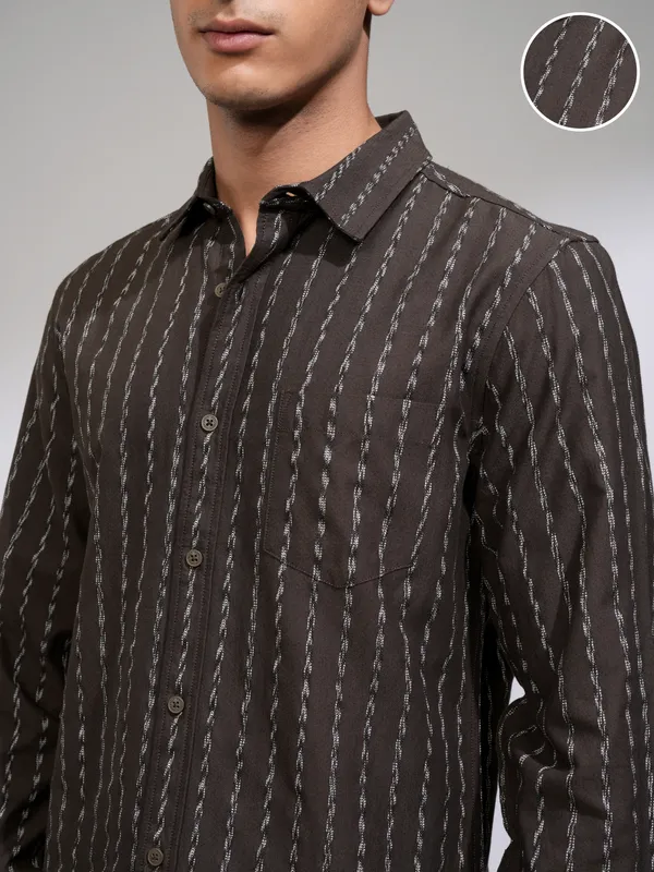 Highlander Men Brown Striped Slim Fit Casual Shirt