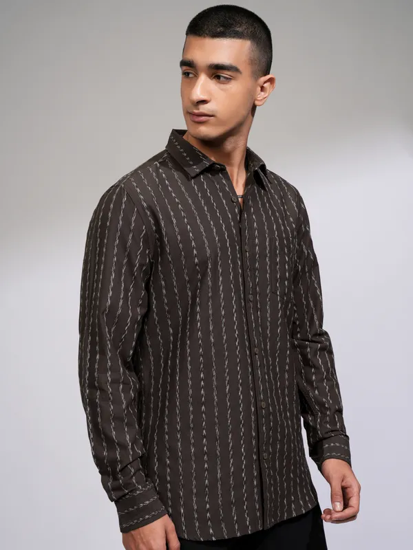 Highlander Men Brown Striped Slim Fit Casual Shirt