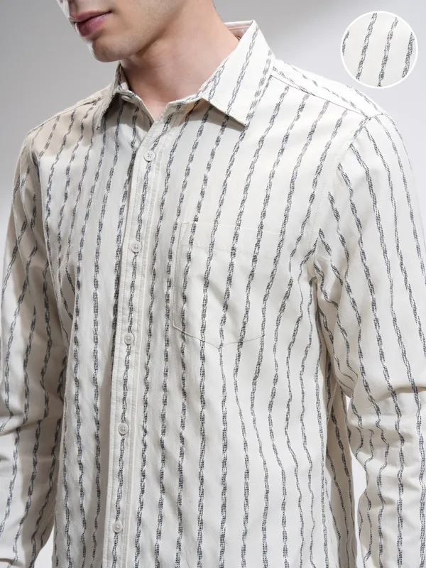 Highlander Men Cream Striped Slim Fit Casual Shirt