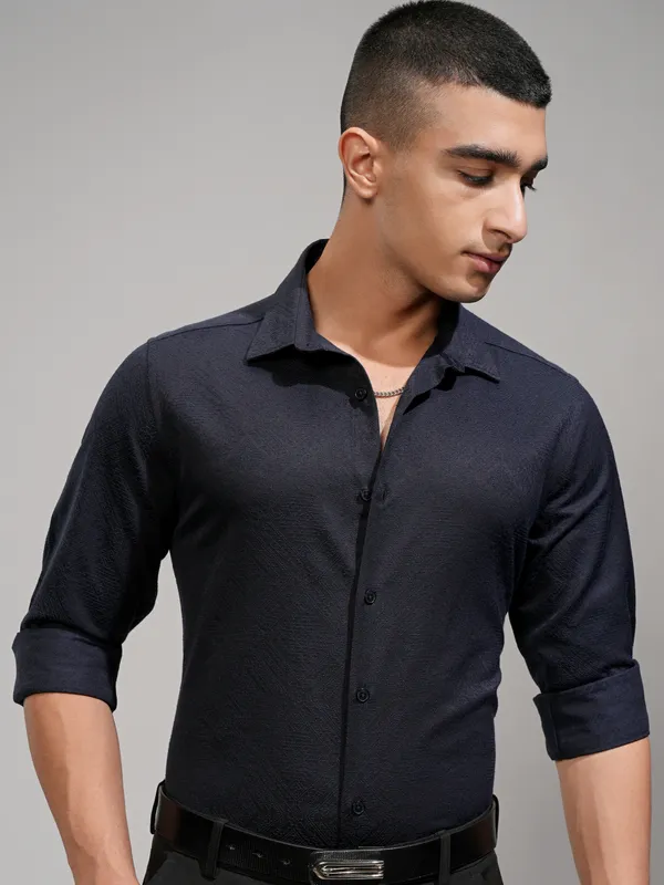 Highlander Men Navy Blue Self Design Slim Fit Casual Shirt