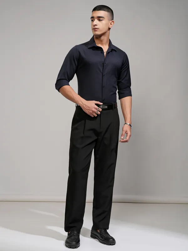 Highlander Men Navy Blue Self Design Slim Fit Casual Shirt