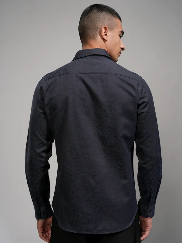 Highlander Men Navy Blue Self Design Slim Fit Casual Shirt