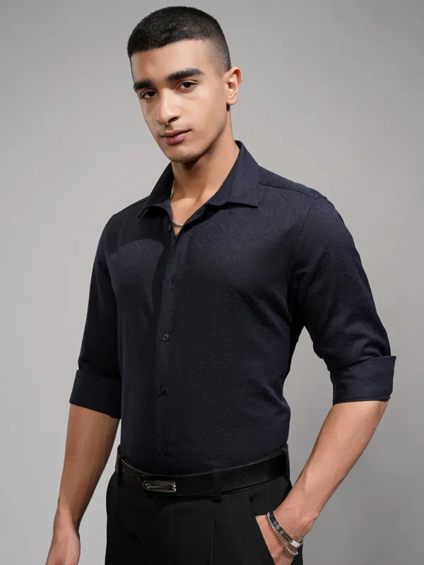 Highlander Men Navy Blue Self Design Slim Fit Casual Shirt