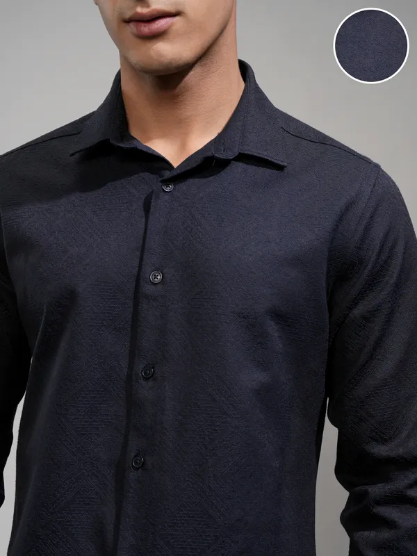 Highlander Men Navy Blue Self Design Slim Fit Casual Shirt