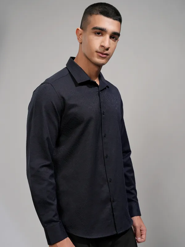 Highlander Men Navy Blue Self Design Slim Fit Casual Shirt