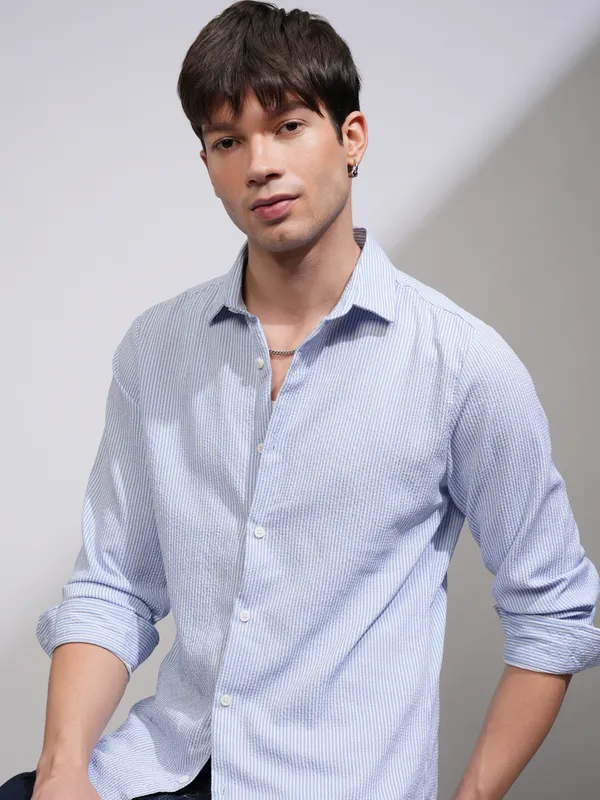 Highlander Men White Striped Slim Fit Casual Shirt