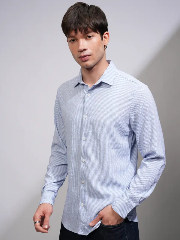 Highlander Men White Striped Slim Fit Casual Shirt