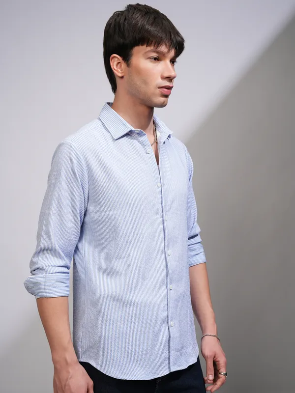 Highlander Men White Striped Slim Fit Casual Shirt