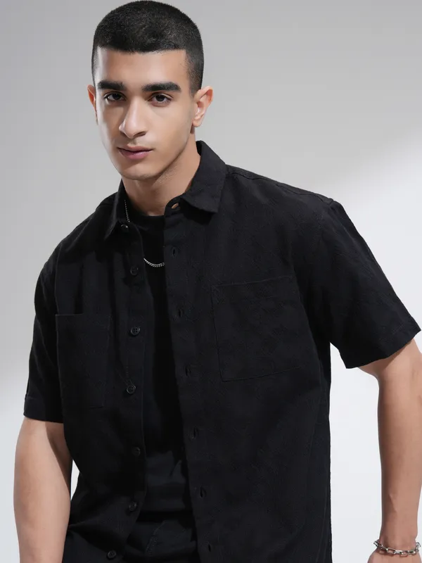 Highlander Men Black Self Design Relaxed Fit Casual Shirt