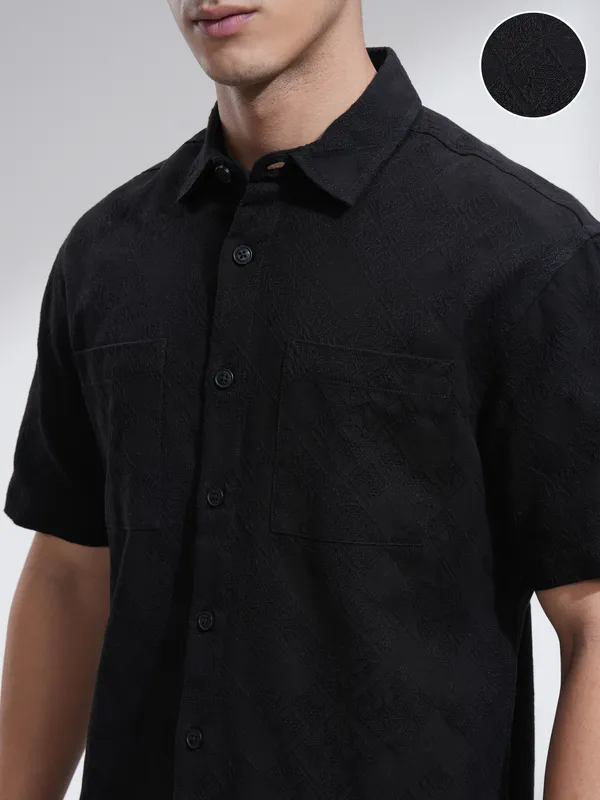 Highlander Men Black Self Design Relaxed Fit Casual Shirt