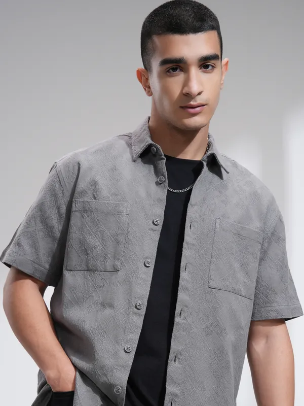 Highlander Men Grey Textured Relaxed Fit Casual Shirt