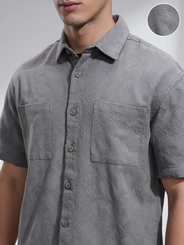 Highlander Men Grey Textured Relaxed Fit Casual Shirt