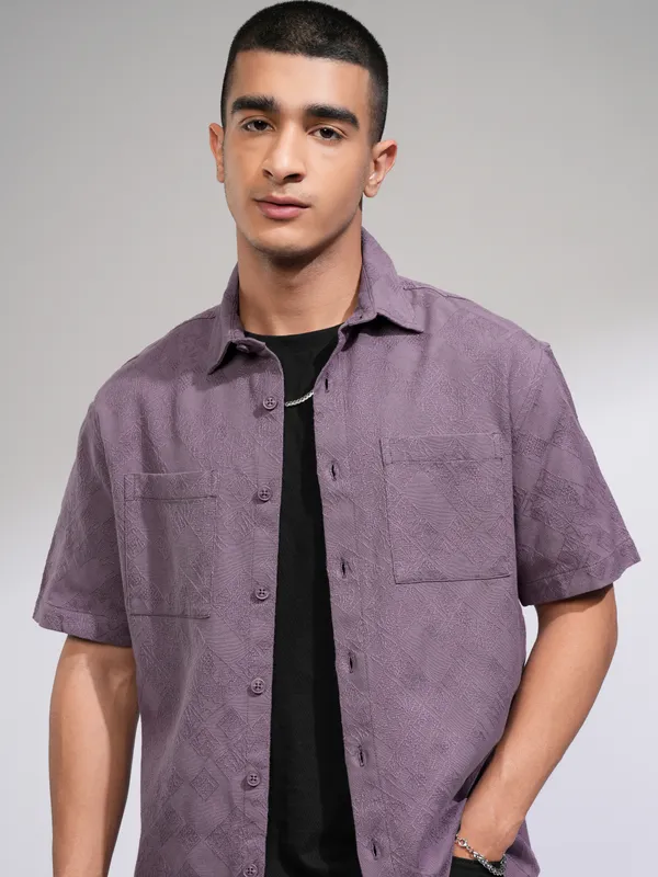Highlander Men Purple Self Design Relaxed Fit Casual Shirt