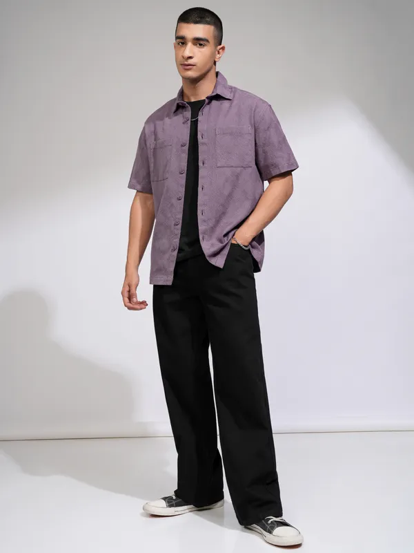 Highlander Men Purple Self Design Relaxed Fit Casual Shirt