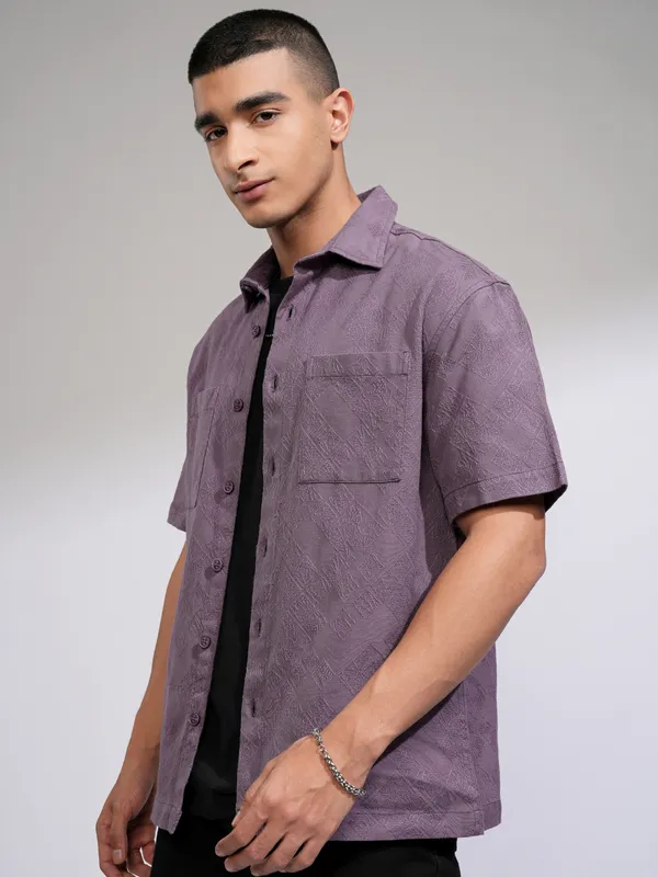 Highlander Men Purple Self Design Relaxed Fit Casual Shirt