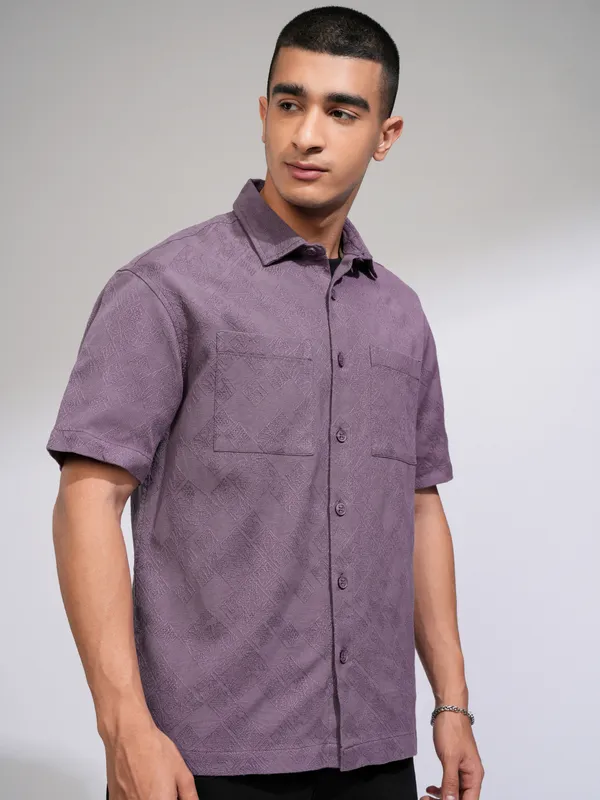 Highlander Men Purple Self Design Relaxed Fit Casual Shirt