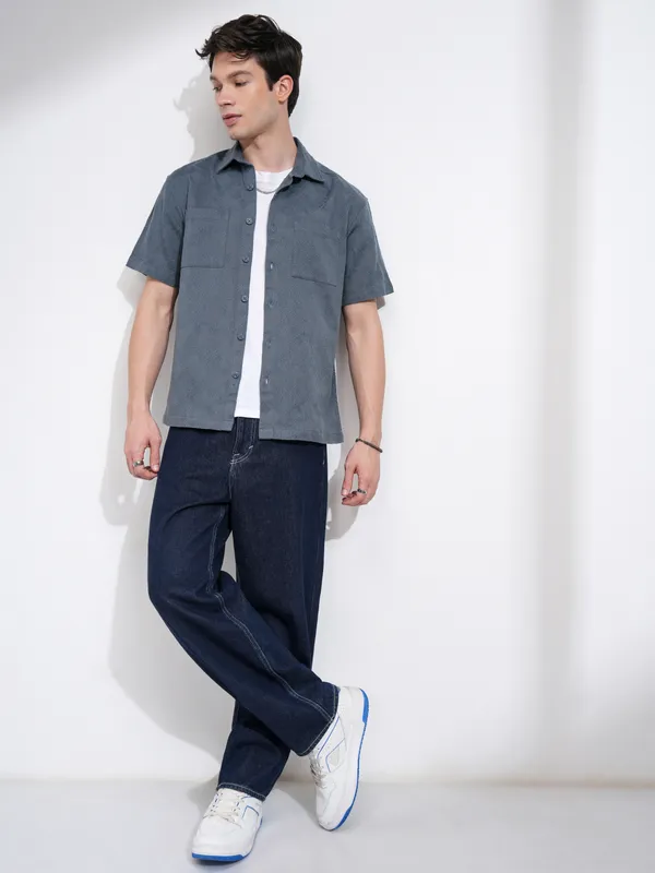 Highlander Men Blue Self Design Relaxed Fit Casual Shirt