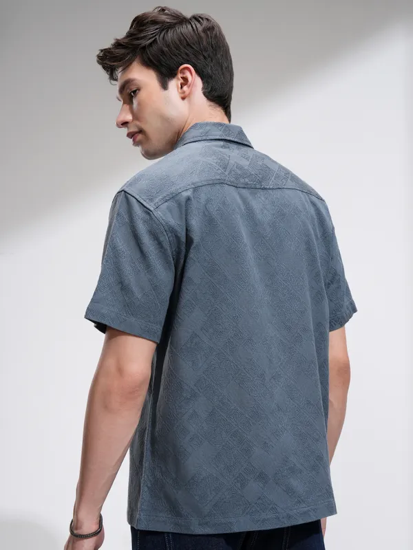 Highlander Men Blue Self Design Relaxed Fit Casual Shirt