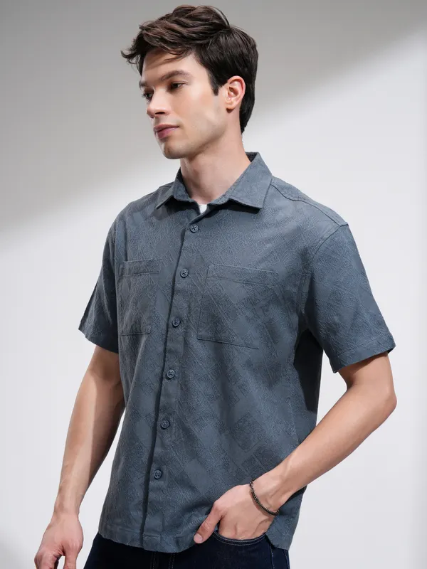 Highlander Men Blue Self Design Relaxed Fit Casual Shirt
