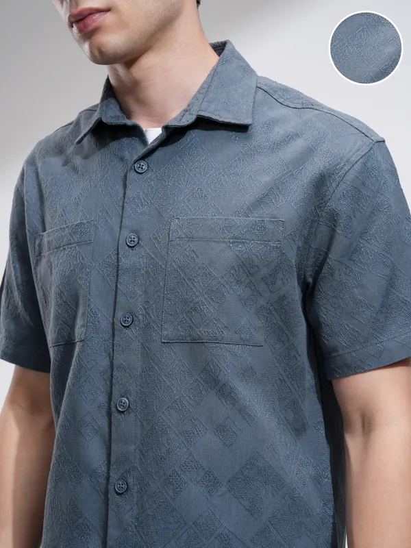Highlander Men Blue Self Design Relaxed Fit Casual Shirt