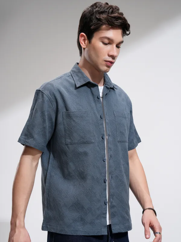 Highlander Men Blue Self Design Relaxed Fit Casual Shirt