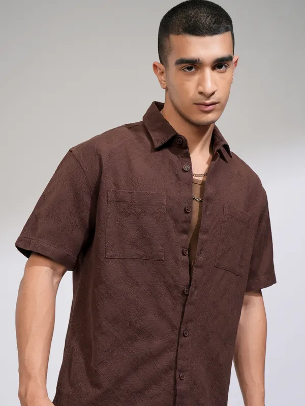 Highlander Men Brown Self Design Relaxed Fit Casual Shirt