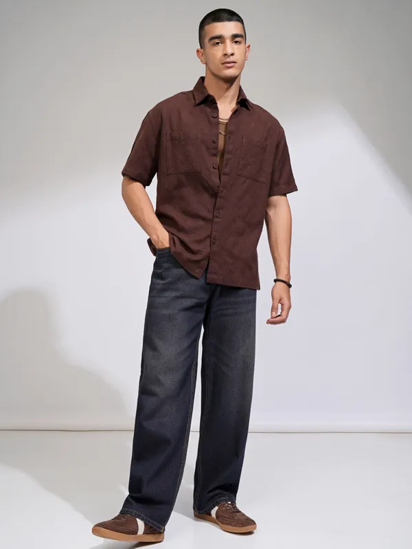Highlander Men Brown Self Design Relaxed Fit Casual Shirt