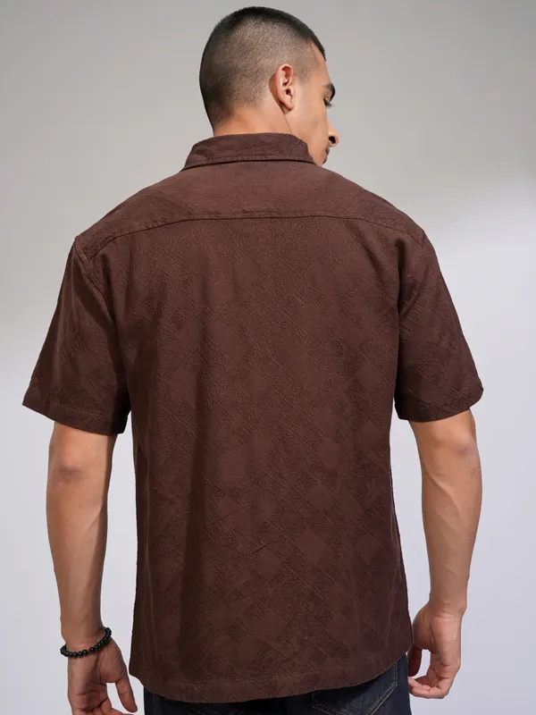 Highlander Men Brown Self Design Relaxed Fit Casual Shirt