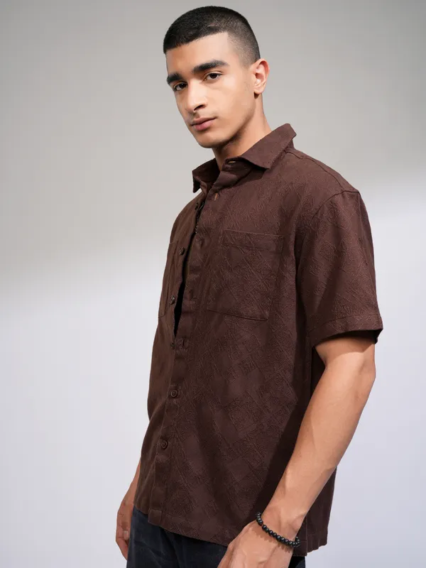 Highlander Men Brown Self Design Relaxed Fit Casual Shirt