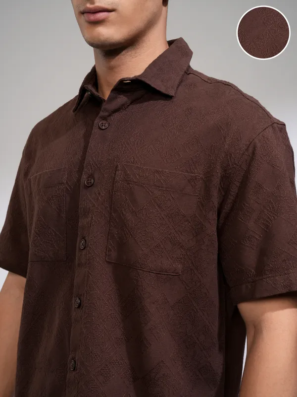 Highlander Men Brown Self Design Relaxed Fit Casual Shirt