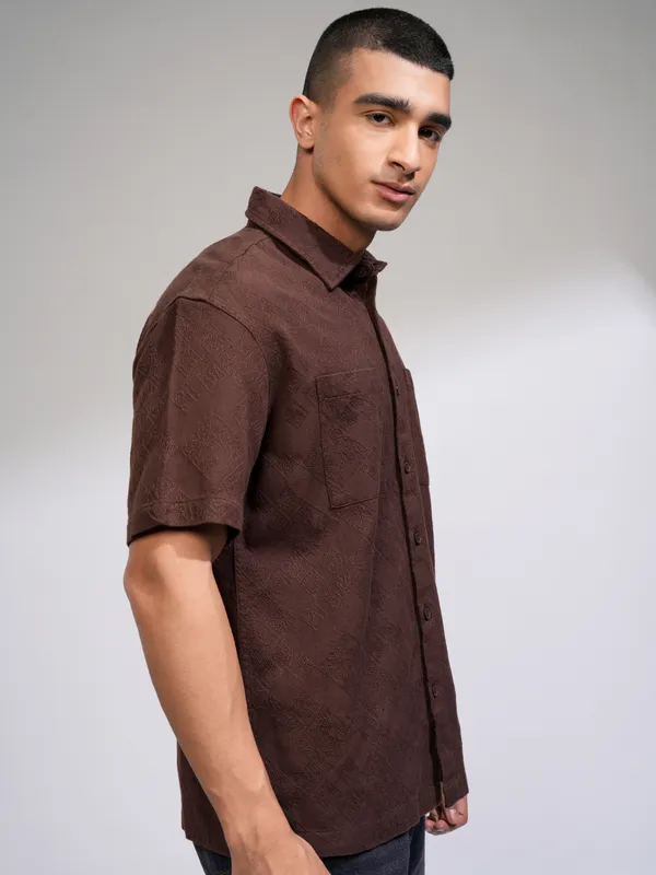 Highlander Men Brown Self Design Relaxed Fit Casual Shirt