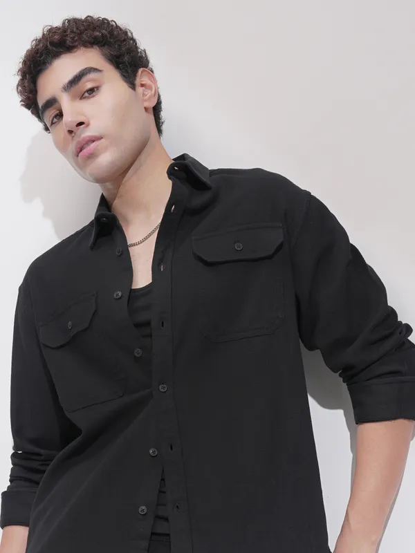 Highlander Men Black Self Design Relaxed Fit Casual Shirt