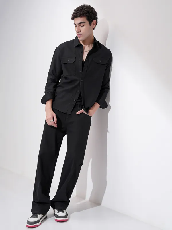 Highlander Men Black Self Design Relaxed Fit Casual Shirt