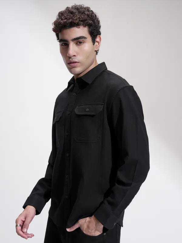 Highlander Men Black Self Design Relaxed Fit Casual Shirt