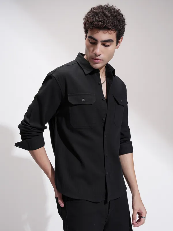 Highlander Men Black Self Design Relaxed Fit Casual Shirt