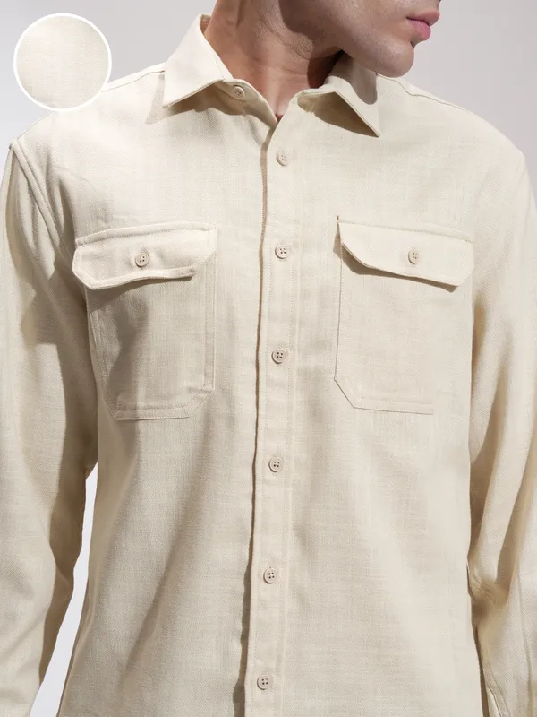 Highlander Men Cream Self Design Relaxed Fit Casual Shirt