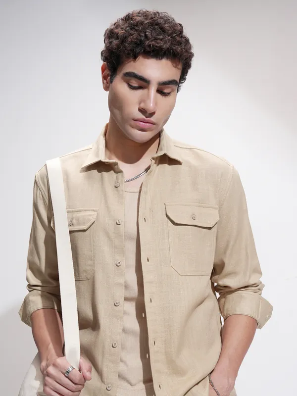 Highlander Men Beige Self Design Relaxed Fit Casual Shirt