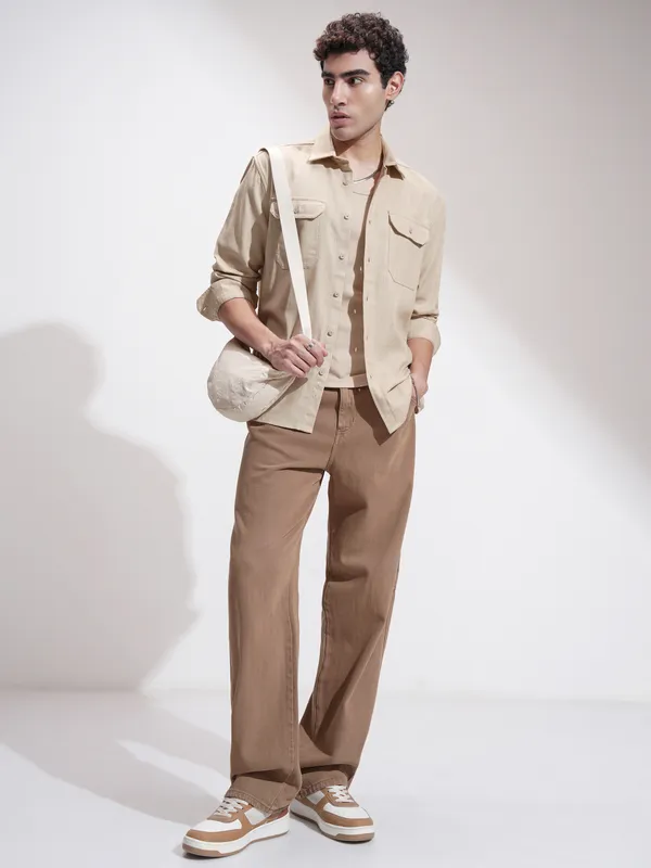 Highlander Men Beige Self Design Relaxed Fit Casual Shirt