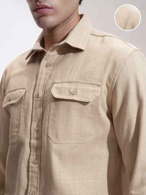 Highlander Men Beige Self Design Relaxed Fit Casual Shirt