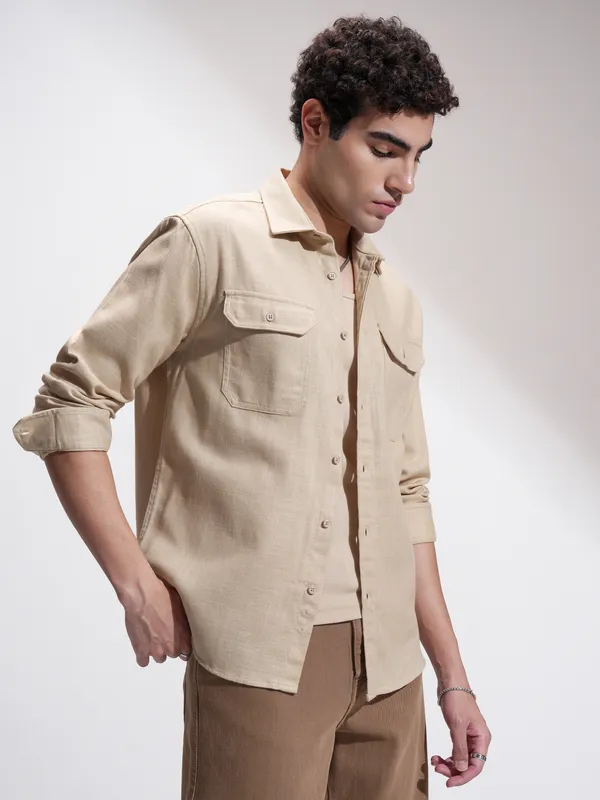 Highlander Men Beige Self Design Relaxed Fit Casual Shirt