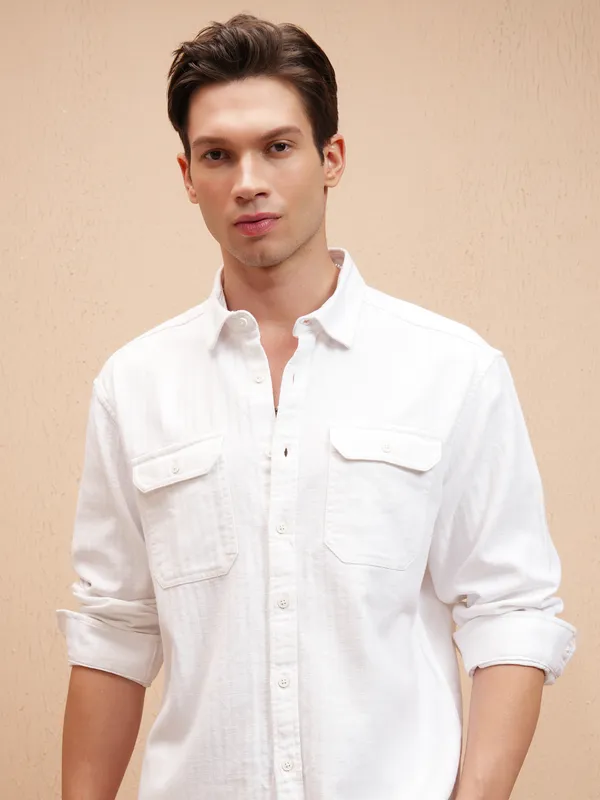 Highlander Men White Self Design Relaxed Fit Casual Shirt