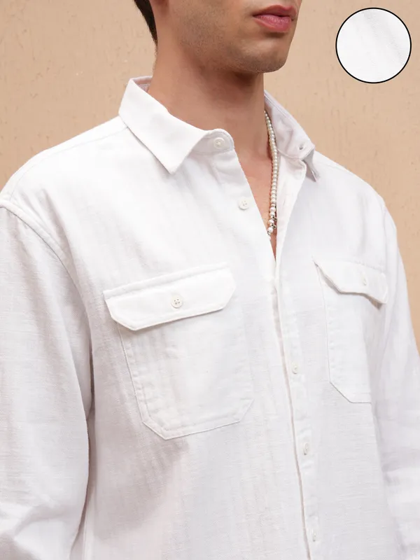 Highlander Men White Self Design Relaxed Fit Casual Shirt