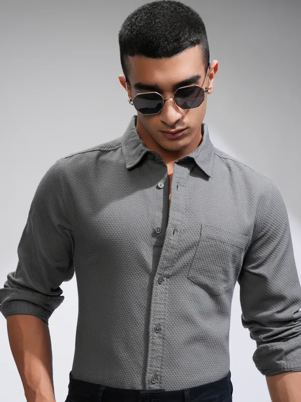 Highlander Men Grey Self Design Slim Fit Casual Shirt