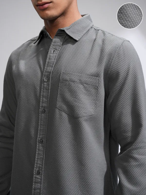 Highlander Men Grey Self Design Slim Fit Casual Shirt