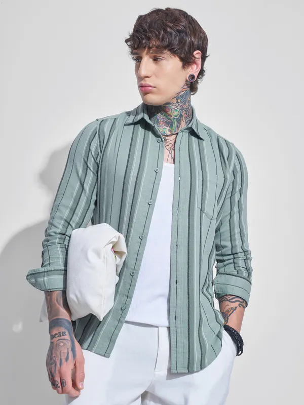 Highlander Men Green Striped Oversized Fit Casual Shirt