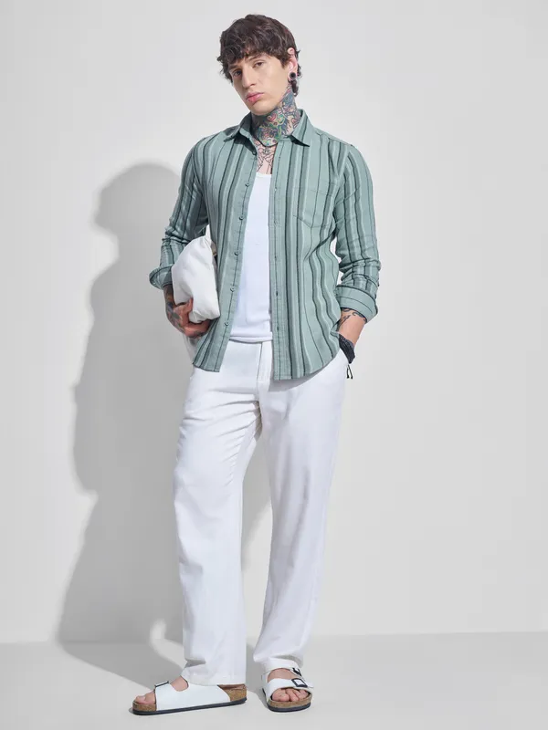 Highlander Men Green Striped Oversized Fit Casual Shirt