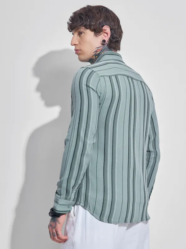 Highlander Men Green Striped Oversized Fit Casual Shirt