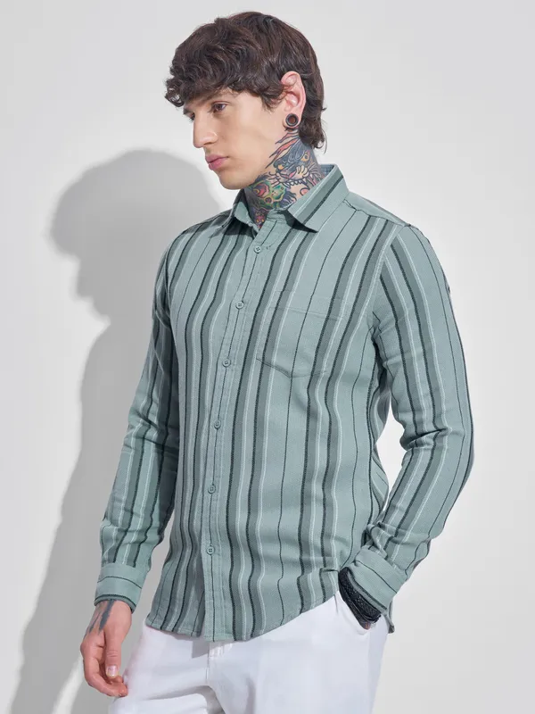 Highlander Men Green Striped Oversized Fit Casual Shirt